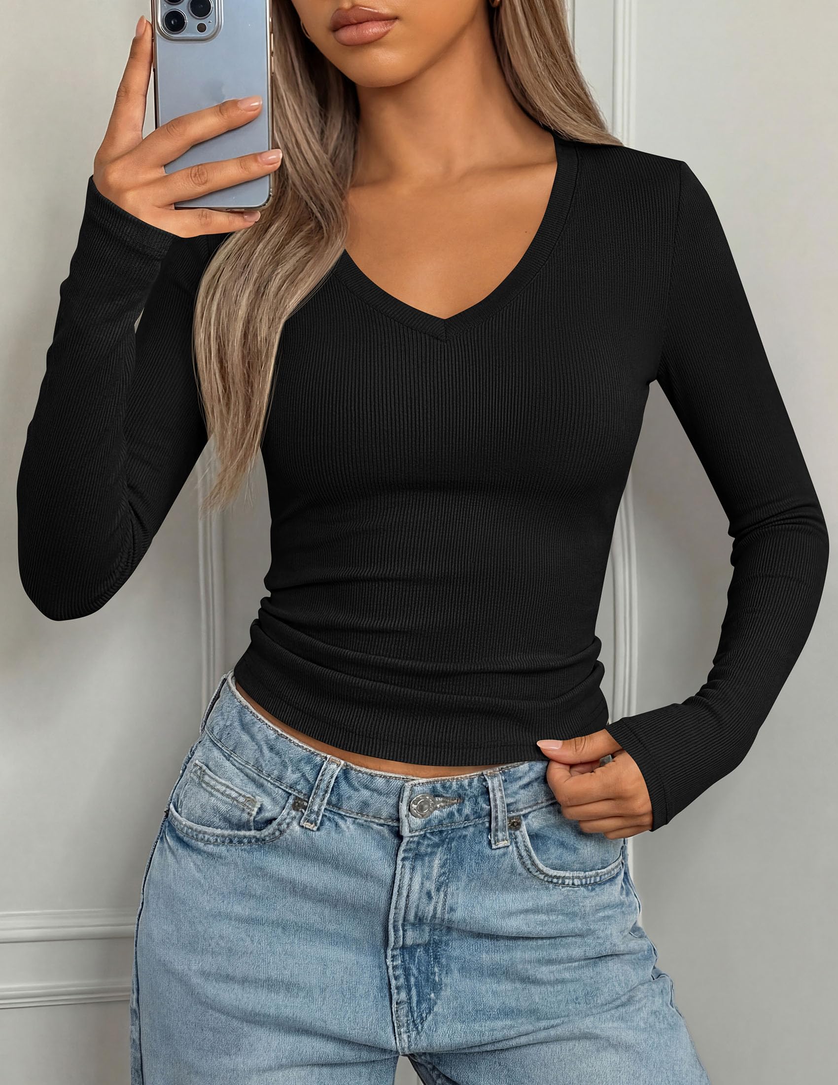 PRETTYGARDEN Long Sleeve Shirts for Women Fall V Neck Basic Tee Casual Fitted Ribbed Going Out Tops Kint Y2K Clothes