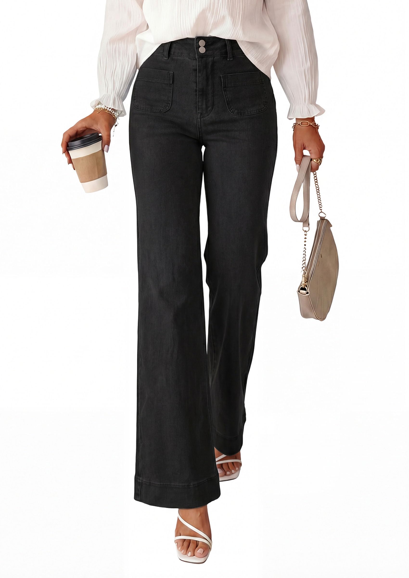 PRETTYGARDEN Womens Wide Leg Jeans High Waisted Stretchy | High Rise Flare Jeans with Front Patch Pockets, Loose Fit Daily Wear Denim, Trendy Office Work Pants, Business Casual Outfits