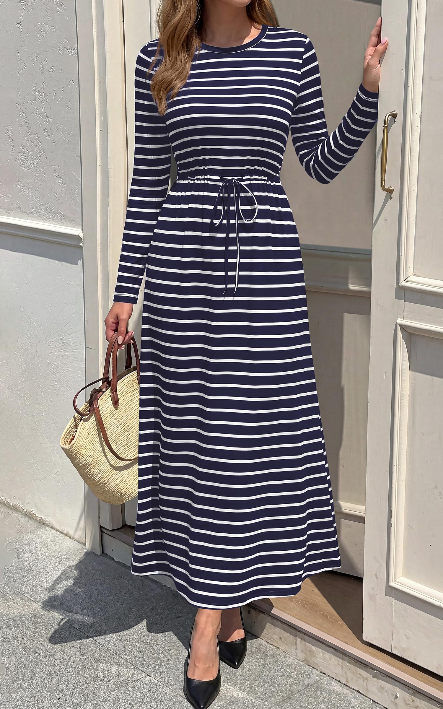 FreshPretty Long Sleeve Maxi Dresses for Women Fall Casual Loose Striped Dress|Cotton T Shirt Dress, Loose Fit Dress with Pocket, Business Casual Work Teacher, Fall Outfits