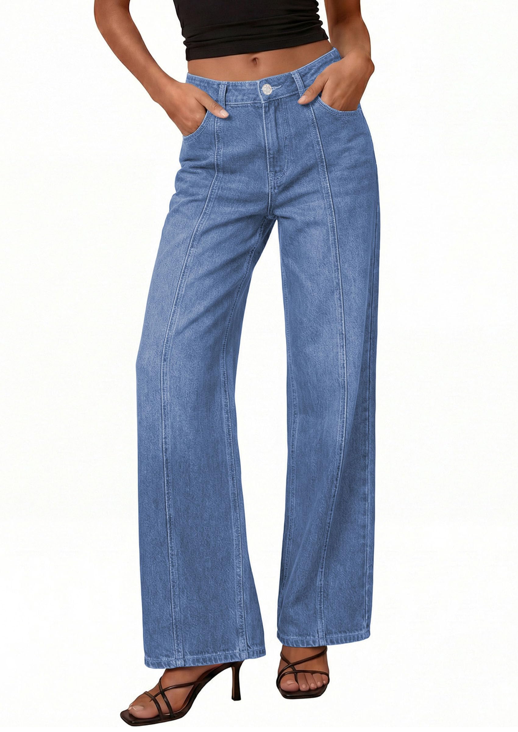 PRETTYGARDEN Women's Wide Leg Jeans High Waisted Stretchy Baggy Seamed Front Denim Palazzo Pants Summer Fashion Clothes