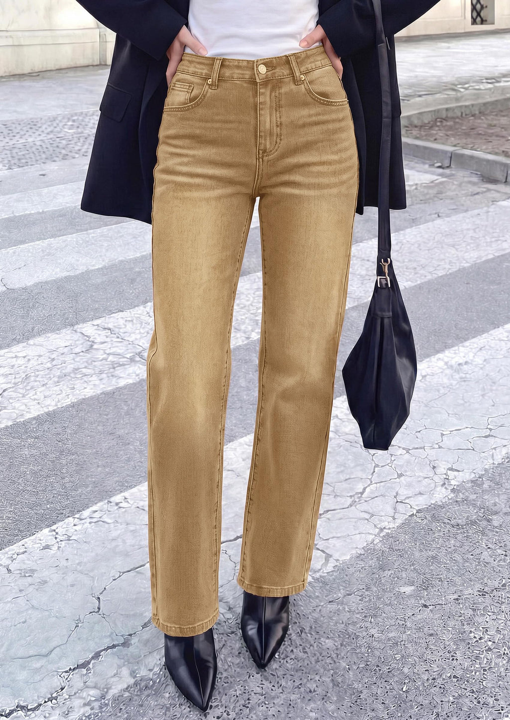 PRETTYGARDEN Womens Jeans Straight Leg Stretchy High Waist | Classic Rigid Structured Tummy Control Pants with Practical Pockets, Ideal for Business Office, Daily Casual, Back to School