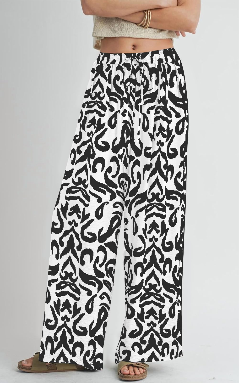 PRETTYGARDEN Womens Pants Elastic Waist Floral Lightweight Palazzo Pants for Women Casual Lounge Wide Leg Pants Woman