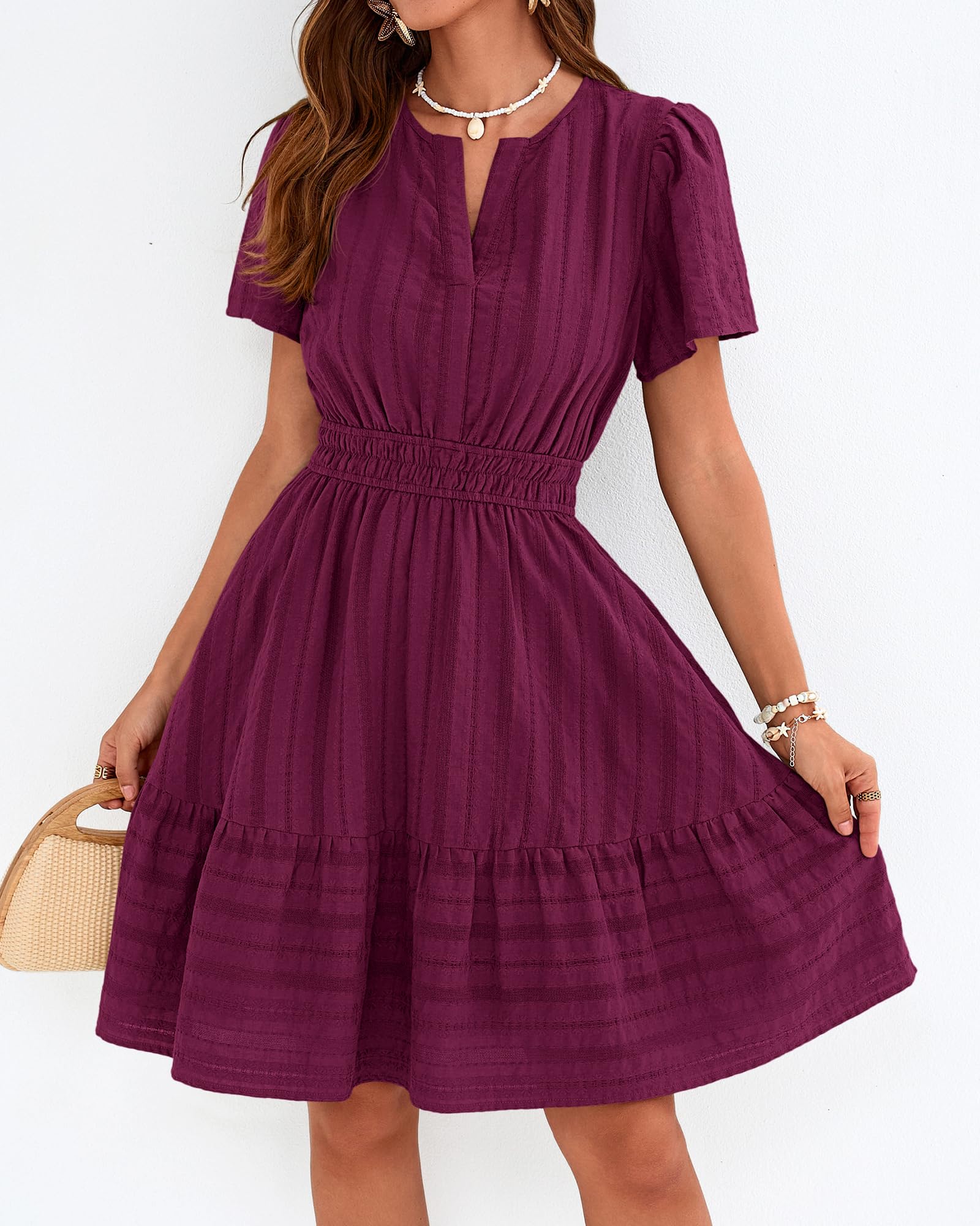BTFBM Womens Spring  Casual Mini Dresses Lightweight Short Sleeve V Neck Elastic Waist Cute Boho Beach Dress Pockets