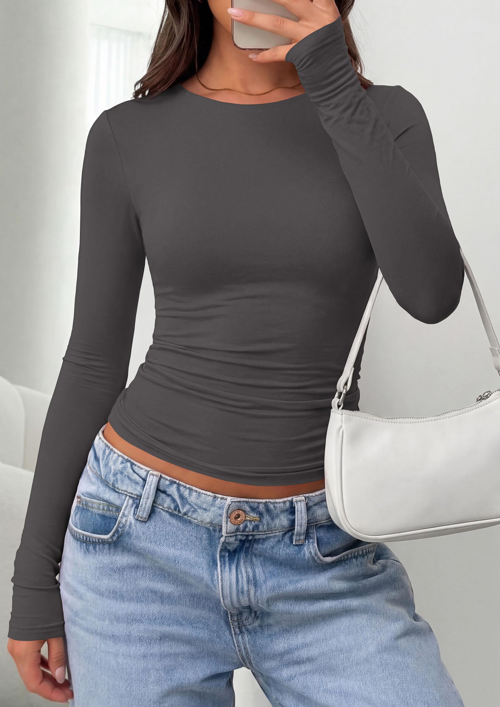 PRETTYGARDEN Long Sleeve Shirts for Women  Fall Casual Crewneck Tight Slim Fit Layering Basic T Shirt Going Out Tops