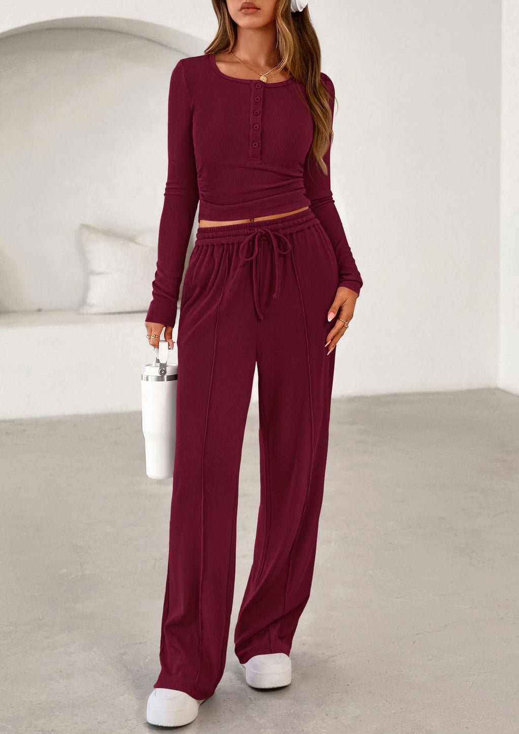 PRETTYGARDEN Women's  Fall Trendy 2 Piece Outfits Lounge Sets Long Sleeve Top Henley Shirts Wide Leg Pants Travel Clothes