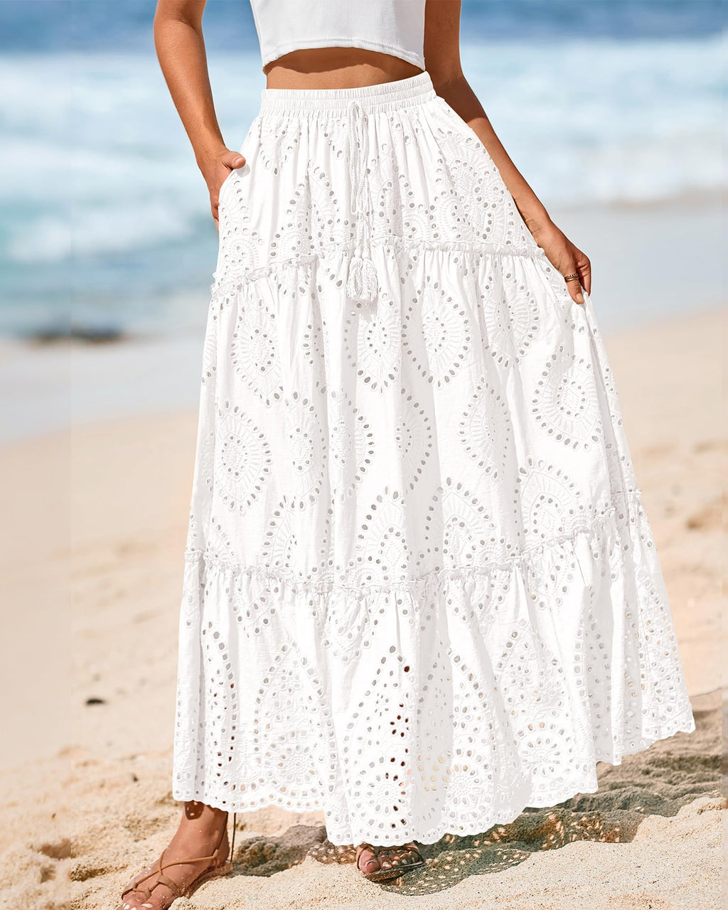 BTFBM Long Skirts for Women Summer Boho Lace Embroidery High Waist Flowy Tiered Spring Maxi Skirt Beach Vacation