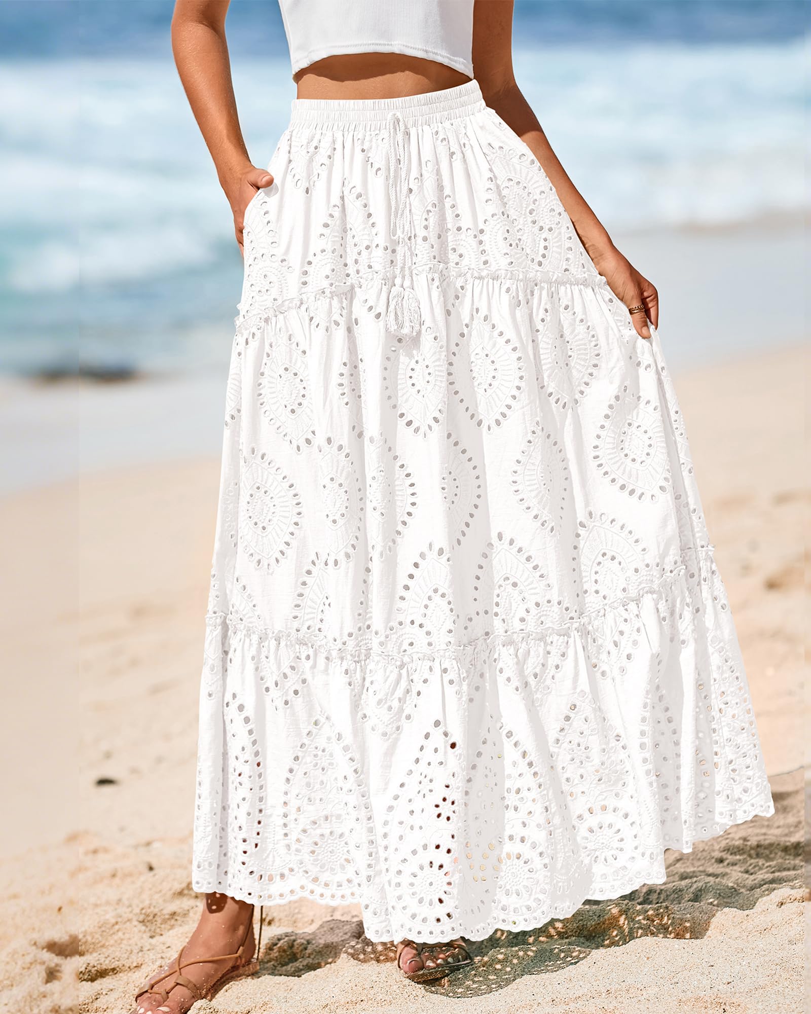BTFBM Long Skirts for Women Summer Boho Lace Embroidery High Waist Flowy Tiered Spring Maxi Skirt Beach Vacation