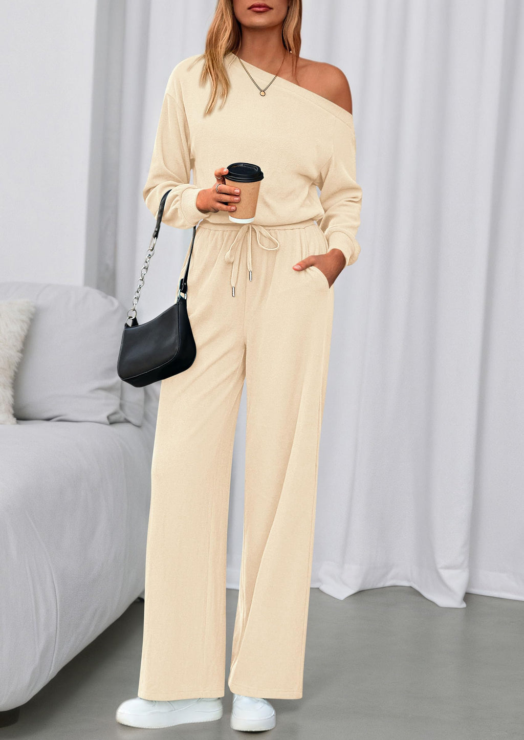 PRETTYGARDEN Long Sleeve Jumpsuit For Women Dressy Off Shoulder One Piece Loose Wide Leg Jumpsuits Casual Flowy Romper