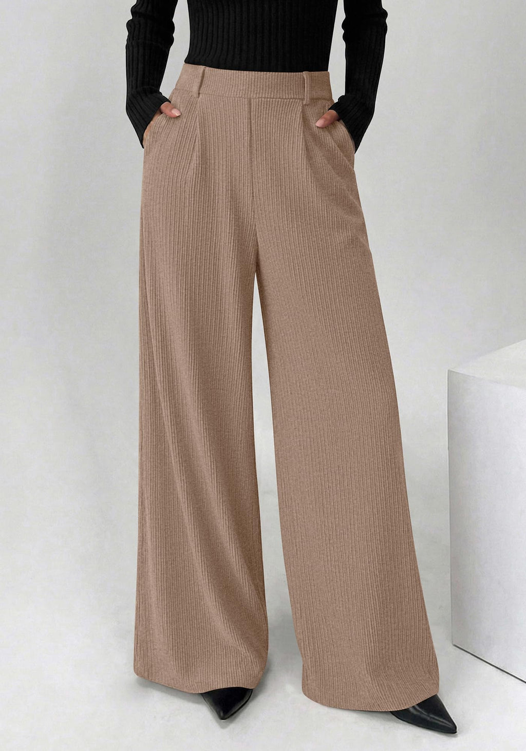 BTFBM Wide Leg Pants for Women Dressy Work Business Casual Elastic High Waisted Trousers Ribbed Lounge Palazzo Pants