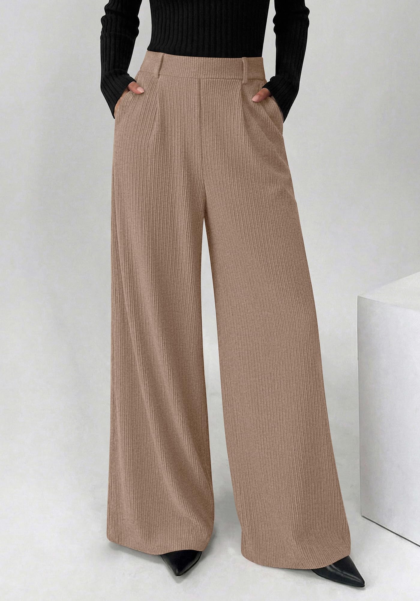 BTFBM Wide Leg Pants for Women Dressy Work Business Casual Elastic High Waisted Trousers Ribbed Lounge Palazzo Pants