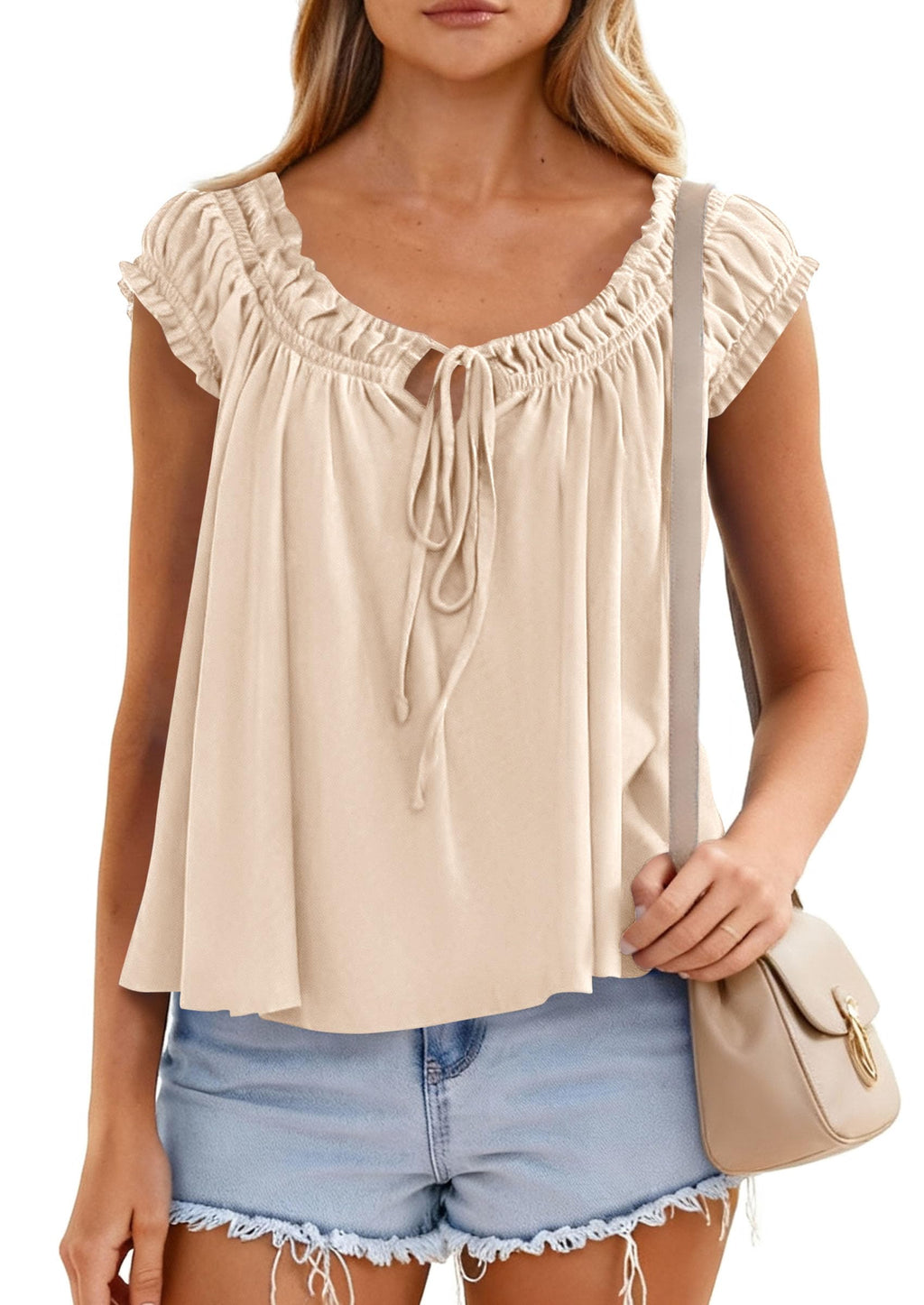 PRETTYGARDEN Women Babydoll Tops Summer Clothes Cap Sleeve Tie Front Flowy Tank Top Peplum Blouses Cute Going Out Shirts