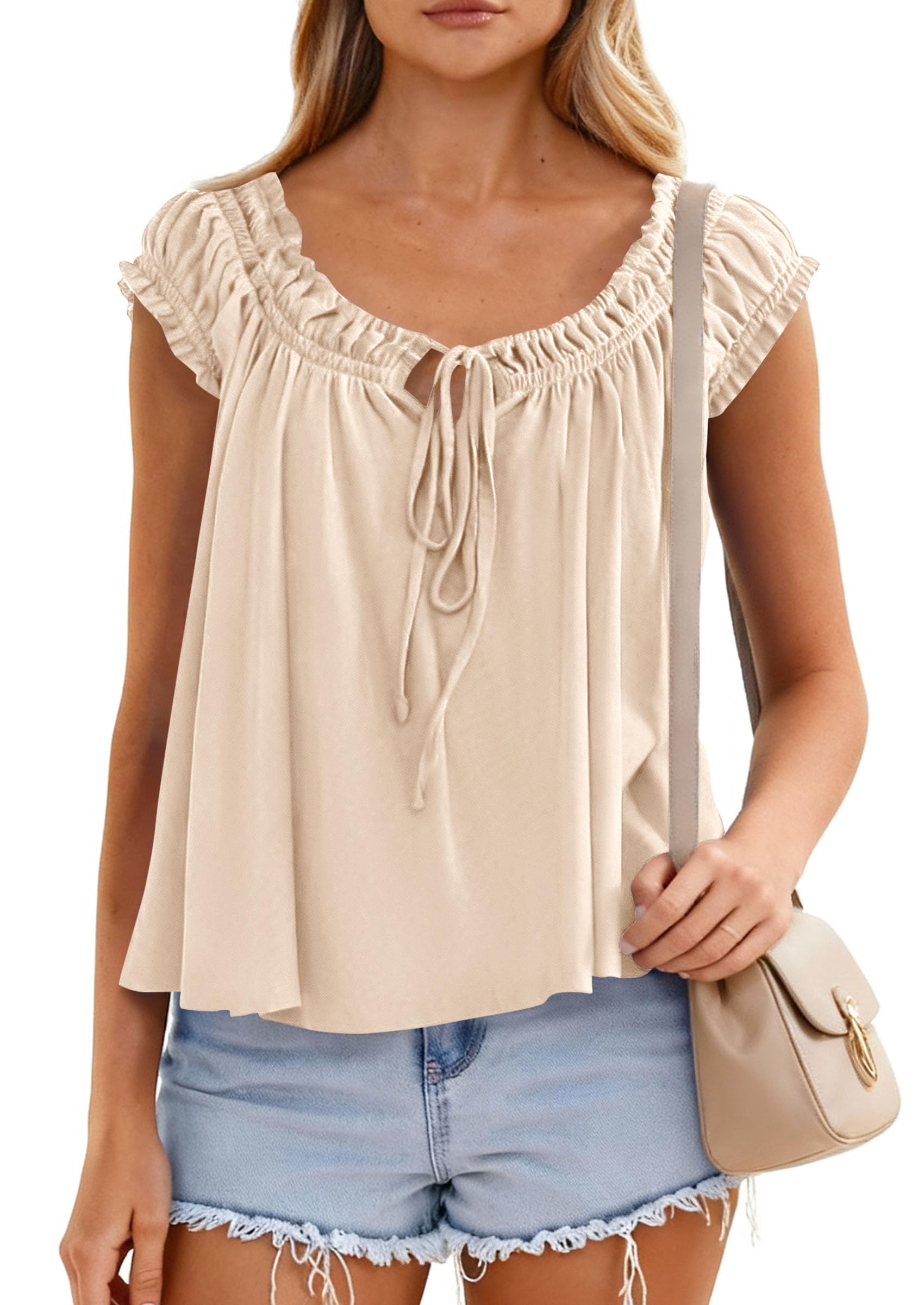 PRETTYGARDEN Women Babydoll Tops Summer Clothes Cap Sleeve Tie Front Flowy Tank Top Peplum Blouses Cute Going Out Shirts