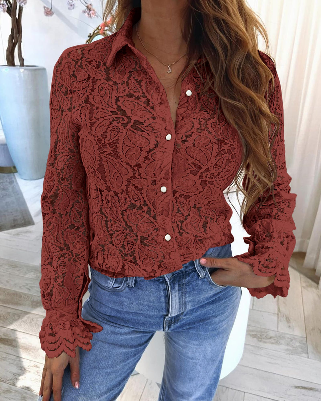 FreshPretty Long Sleeve Lace Blouses for Women Spring Dressy Casual Button Down Shirts Date Night Outfit Club Party Tops