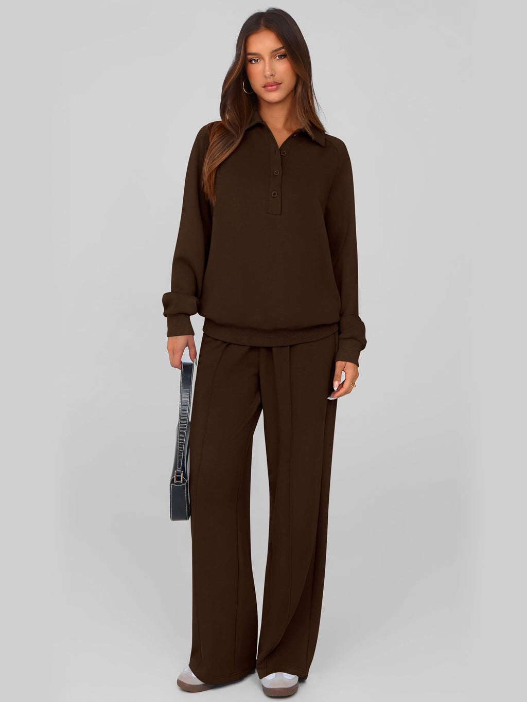 PRETTYGARDEN Women Fall 2 Piece Outfits Sweatsuits Lounge Sets Quarter Button Long Sleeve Sweatshirt, Wide Leg Sweat Pants, Casual 2 Piece Sets Tracksuit, Airport Travel Outfits for Women