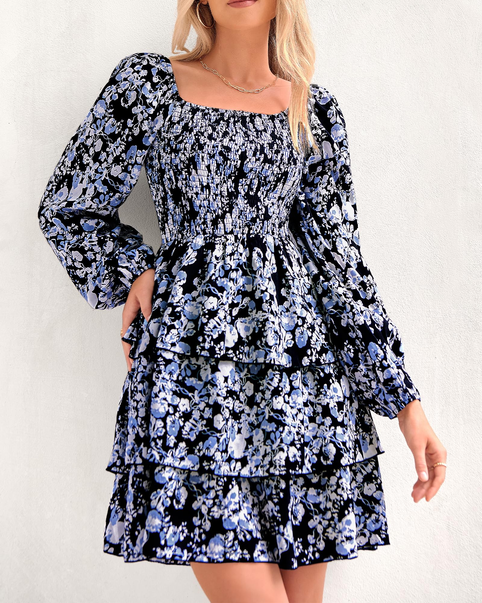 BTFBM Womens Long Sleeve Dress Summer Vacation Square Neck Smocked Floral Mini Boho Spring Wedding Guest Dresses