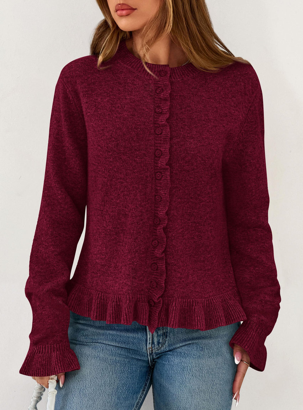 PRETTYGARDEN Womens Fall Button Down Cardigans Chunky Knit Ruffle Open Front Cropped Cardigan Sweaters Soft Long Sleeve Tops