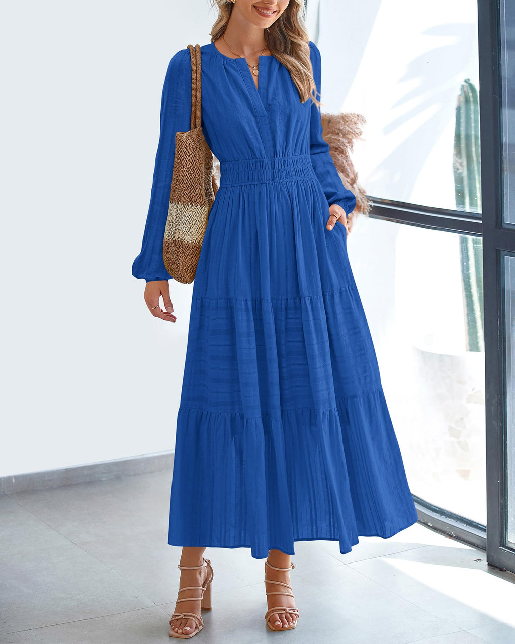 BTFBM Spring Dresses for Women 2026 Casual Long Sleeve V Neck Elastic Waist Lightweight Maxi Wedding Guest Dress Pockets