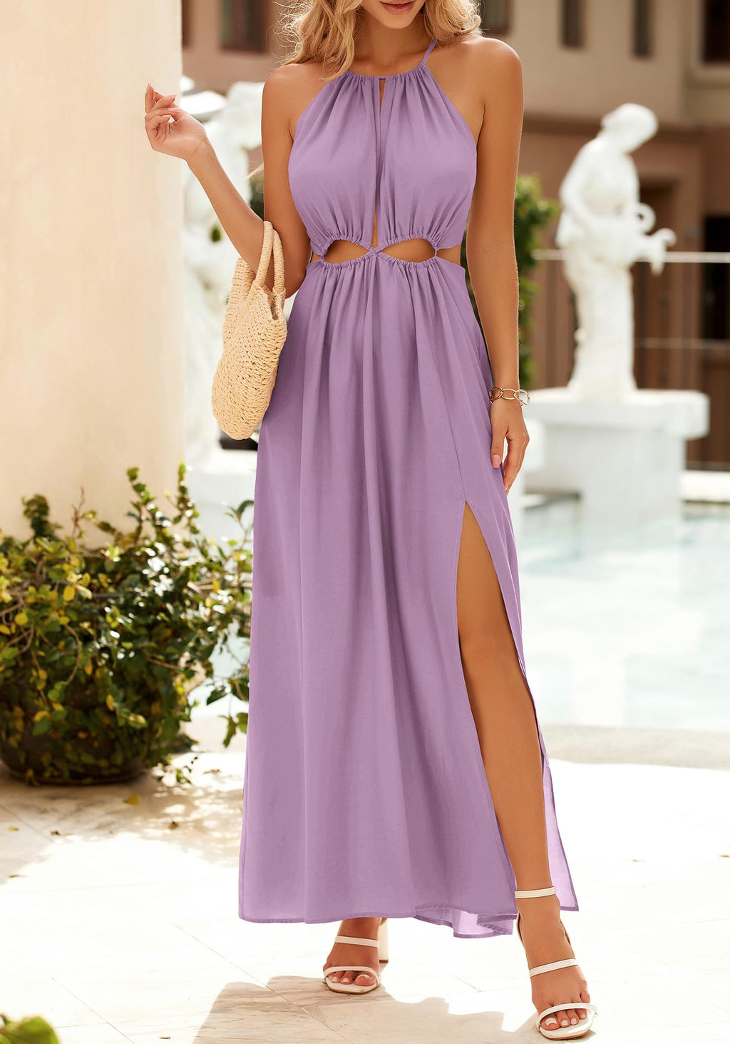 BTFBM Women Halter Summer Dresses Sleeveless Cutout Backless Sundress Slit Boho Maxi Beach Wedding Guest Dress