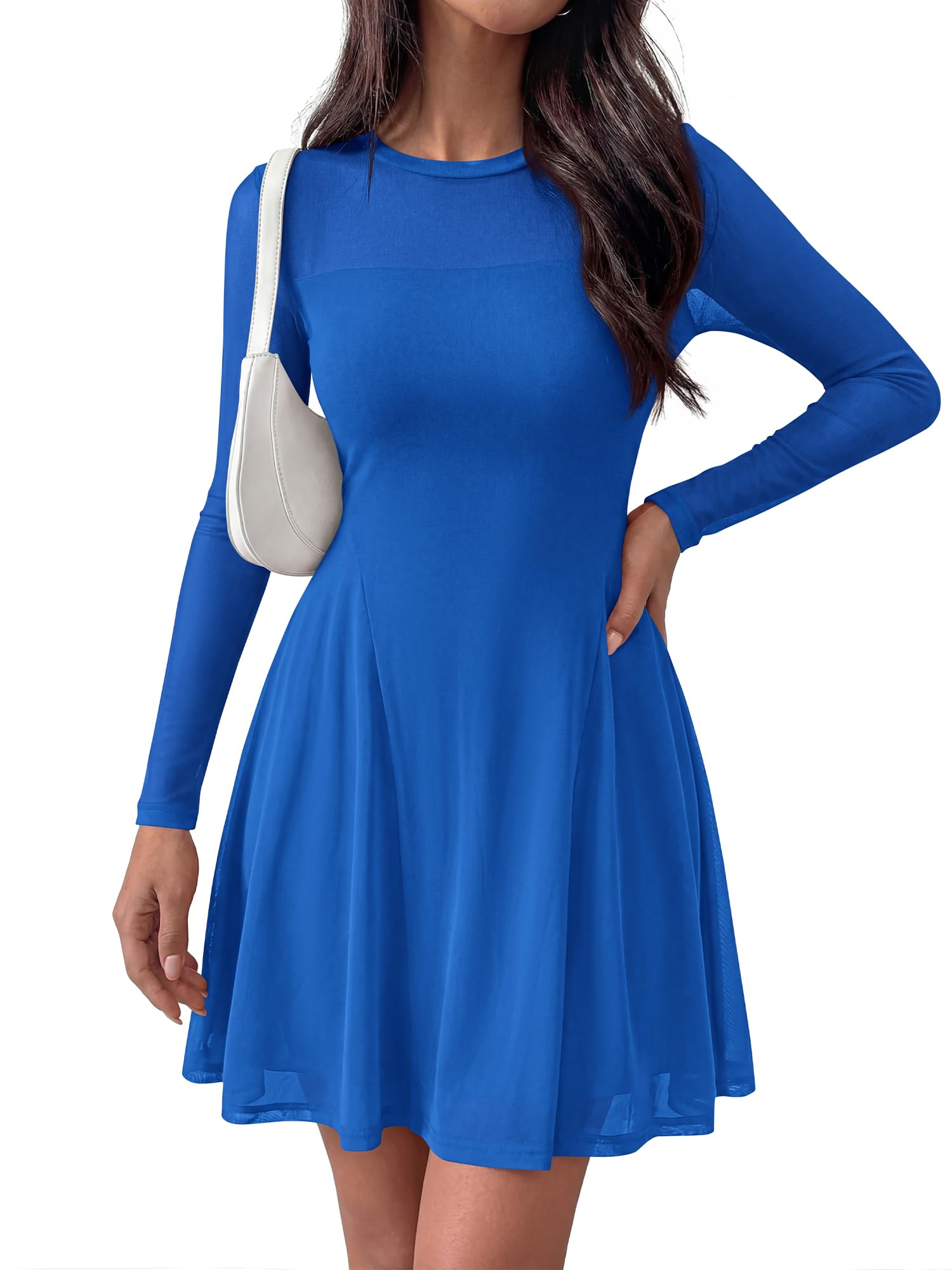 BTFBM Women’s Mini Dress Sheer Mesh Long Sleeve Crew Neck Flowy A Line Casual Cocktail Party Going Out Dresses Fall