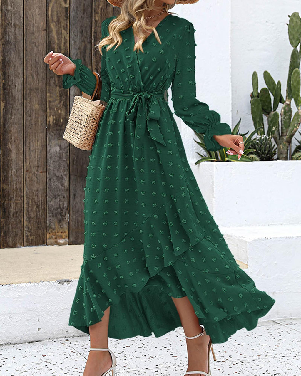 FreshPretty Long Sleeve Maxi Dresses for Women V Neck Swiss Dot Boho Flowy Slit Cocktail Wedding Guest Dress Fall Clothes
