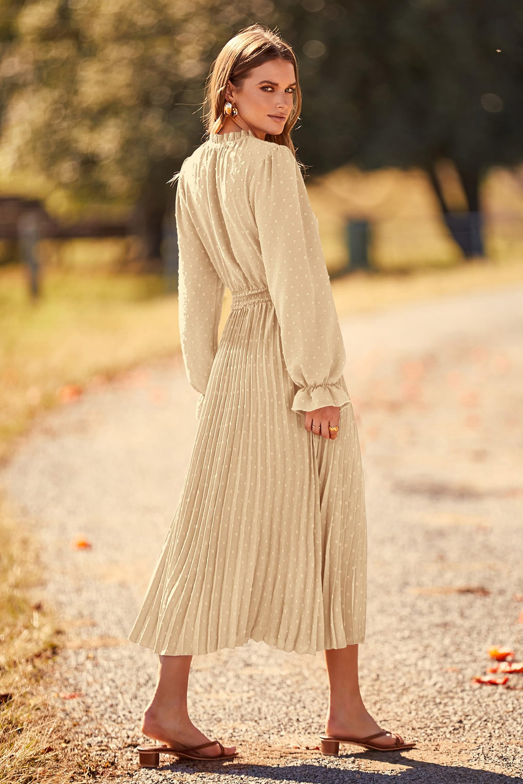 PRETTYGARDEN Women's Spring Fall Midi Dress Casual Long Sleeve V Neck Swiss Dot Pleated A Line Flowy Dresses