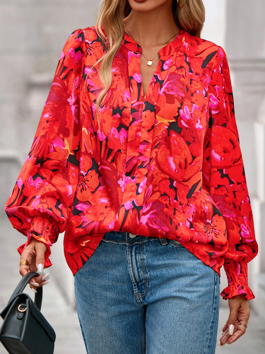 FreshPretty Womens Boho Floral Long Sleeve Tops Fall Fashion V Neck Loose Chiffon Work Blouses Dressy Casual Ruffle Shirts