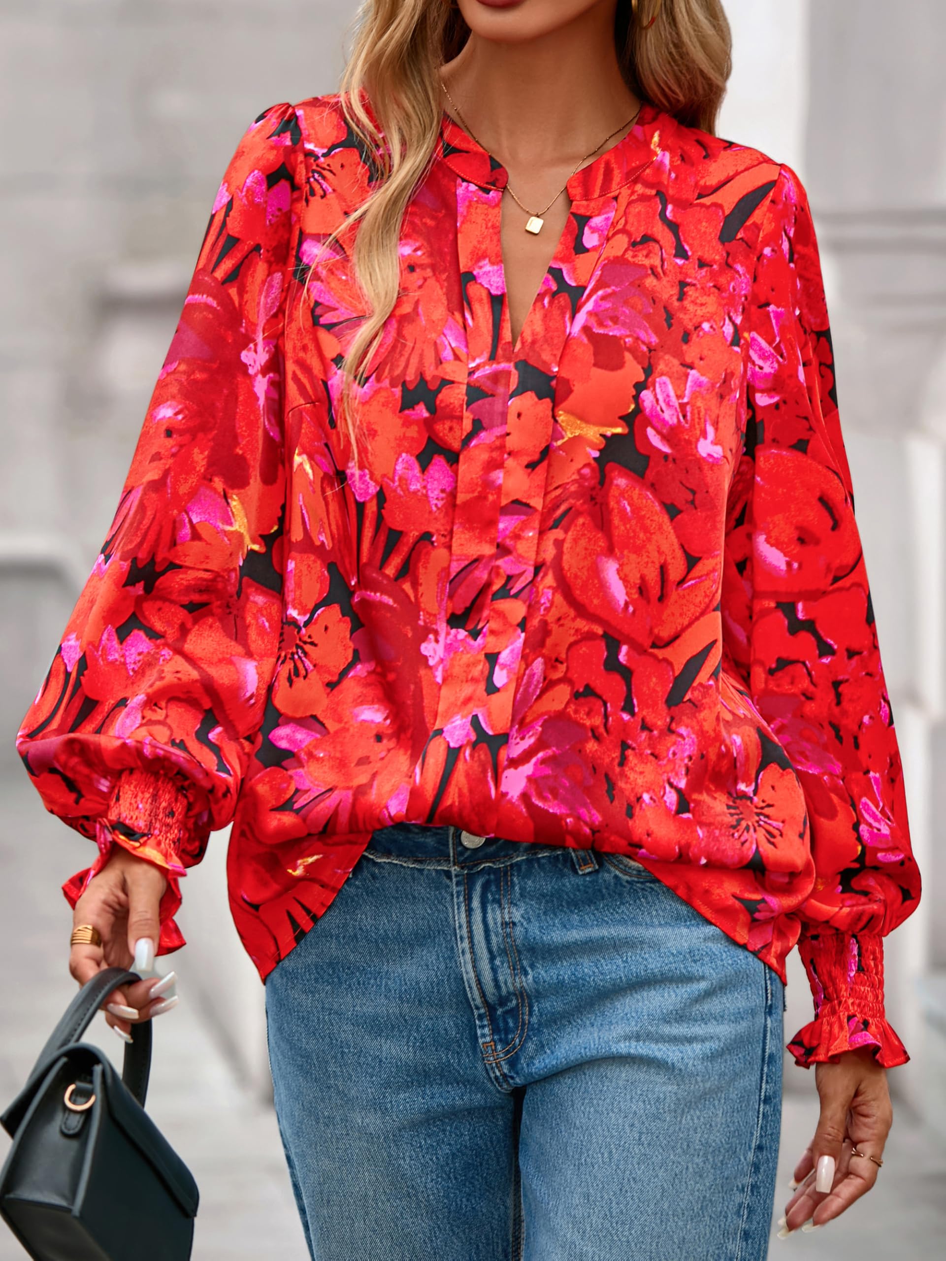 FreshPretty Womens Boho Floral Long Sleeve Tops Fall Fashion V Neck Loose Chiffon Work Blouses Dressy Casual Ruffle Shirts
