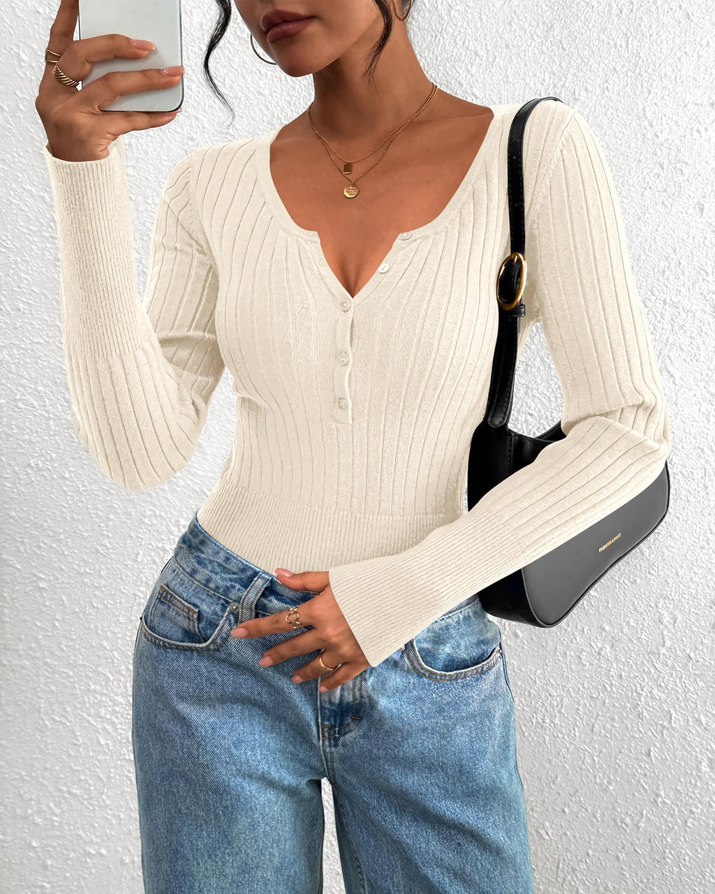 FreshPretty Fall Sweaters for Women Lightweight Long Sleeve Henley Shirts Button Up Knit Basic Slim Fit Going Out Tops