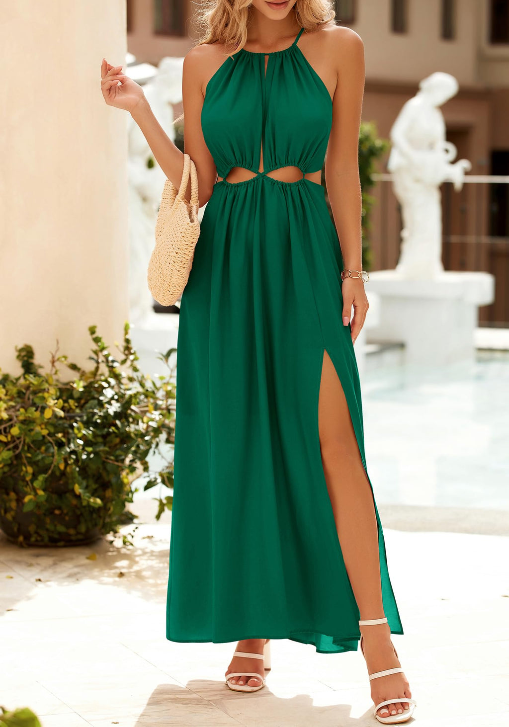 BTFBM Women Halter Summer Dresses Sleeveless Cutout Backless Sundress Slit Boho Maxi Beach Wedding Guest Dress