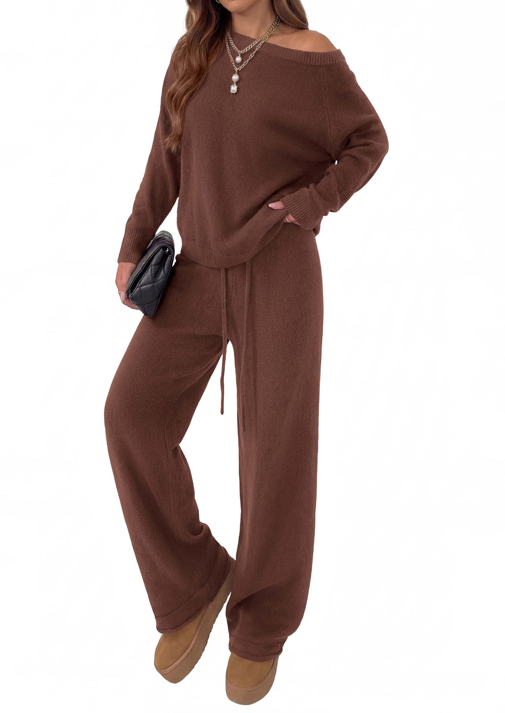 PRETTYGARDEN Lounge Sets Womens Sweaters Two Piece Outfits Cozy Boat Neck Long Sleeve Tops, Wide Leg Pants with Drawstring, Casual Fall Fashion Airport & Travel, Knit Matching Set