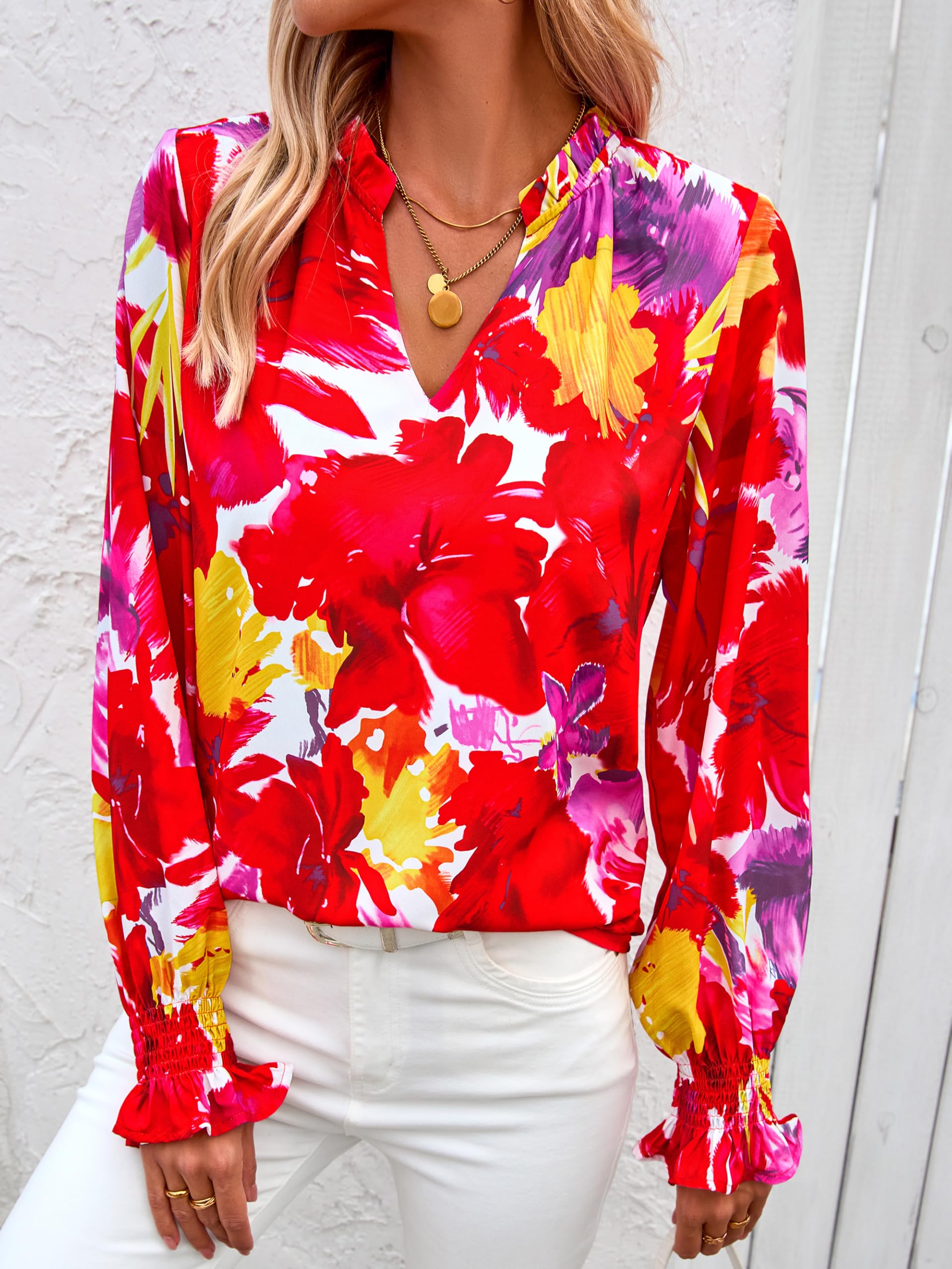 FreshPretty Womens V Neck Floral Long Sleeve Tops Summer Casual Loose Puff Sleeve Chiffon Boho Work Blouse Dressy T Shirts