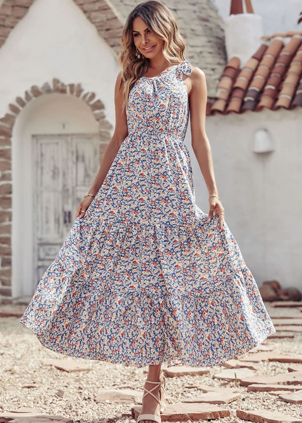PRETTYGARDEN Women's Summer Floral One Shoulder Maxi Dress Knot Ruffle Boho Beach Vacation Wedding Guest Long Sun Dresses