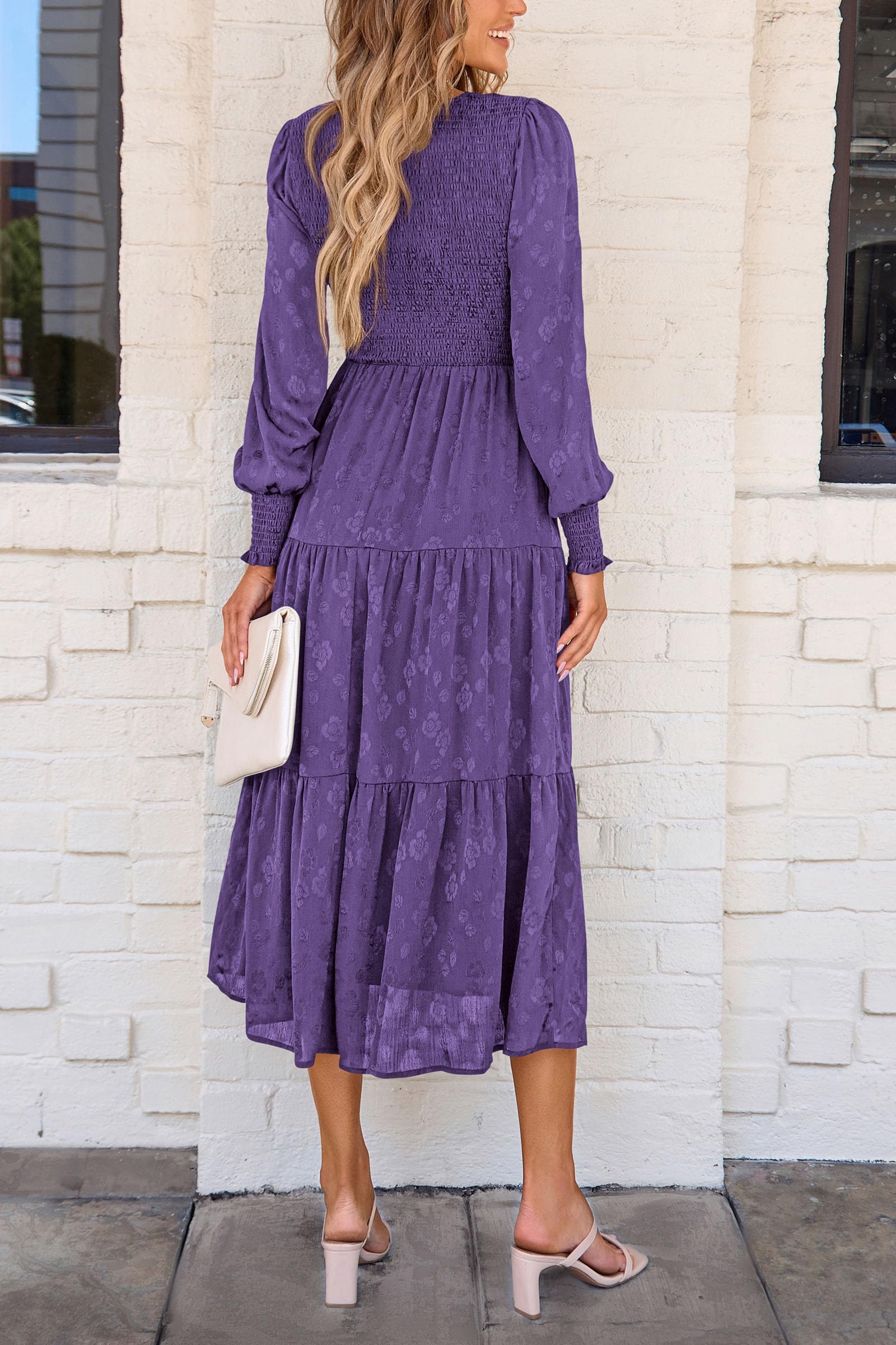 PRETTYGARDEN Women's Fall Spring Midi Dress Long Sleeve Floral Smocked Elegant Wedding Guest Long Flowy Dresses with Pockets