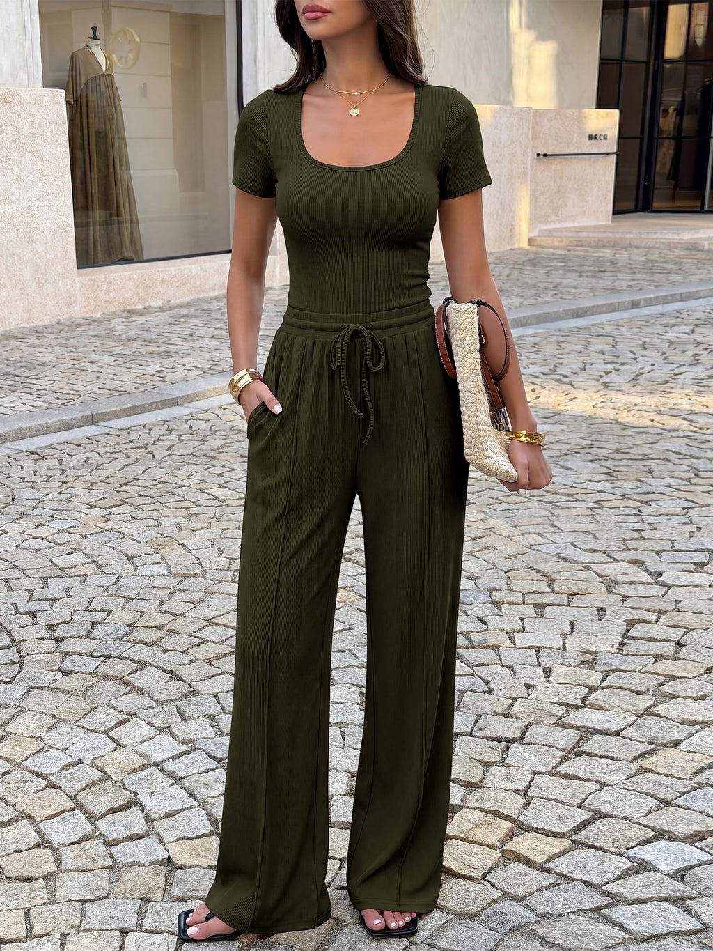 BTFBM Womens Summer 2 Piece Outfits Square Neck Short Sleeve Drawstring Pants Knit Spring Lounge Matching Sets