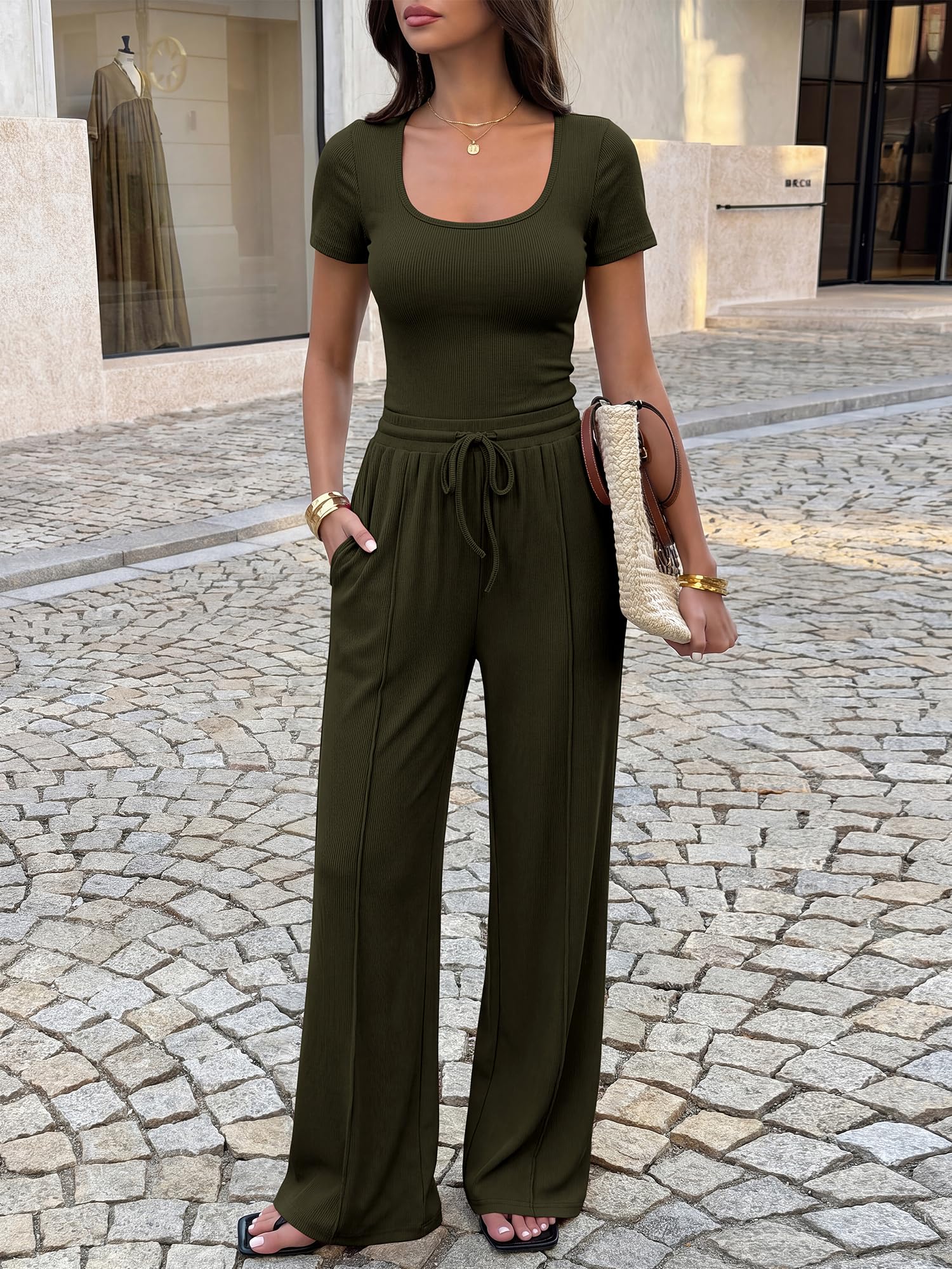 BTFBM Womens Summer 2 Piece Outfits Square Neck Short Sleeve Drawstring Pants Knit Spring Lounge Matching Sets
