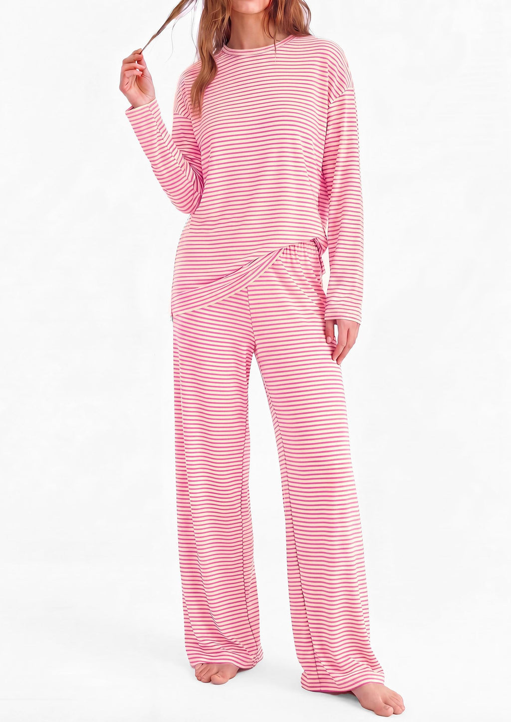 PRETTYGARDEN Womens Striped Lounge Set Fall Winter 2 Piece Sets Side Slit Long Sleeve T-Shirts & Wide Leg Pants, Matching Pajama Sets, Comfy Pj Set, Loungewear with Pockets, Fashion Clothes