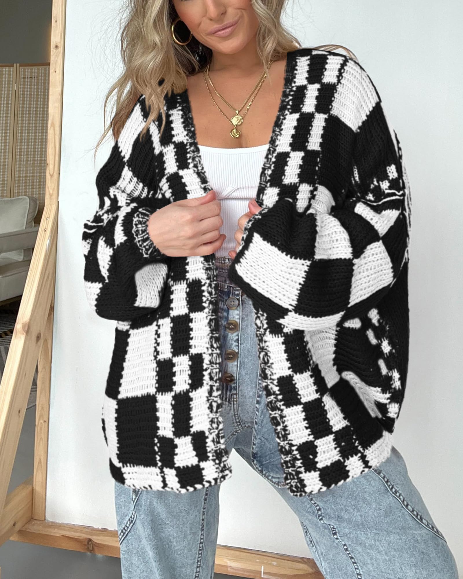 FreshPretty Casual Cardigan Sweater for Women Fall Long Sleeve Open Front Chunky Knit Sweaters Checkered Outwear Coat