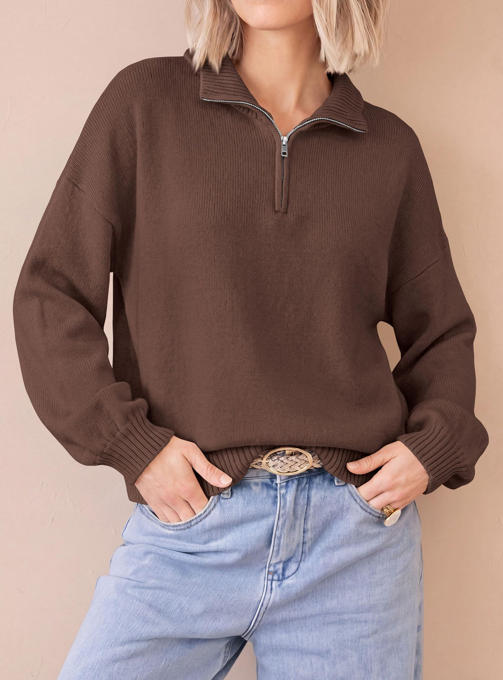 PRETTYGARDEN Women's Quarter Zip Pullover Oversized Sweaters Collared Neck, Long Balloon Sleeve, Jumper Tops, Soft Cozy Knit, Ribbed Hem, Loose Fit, Fall Outfits, Winter Fashion Clothing