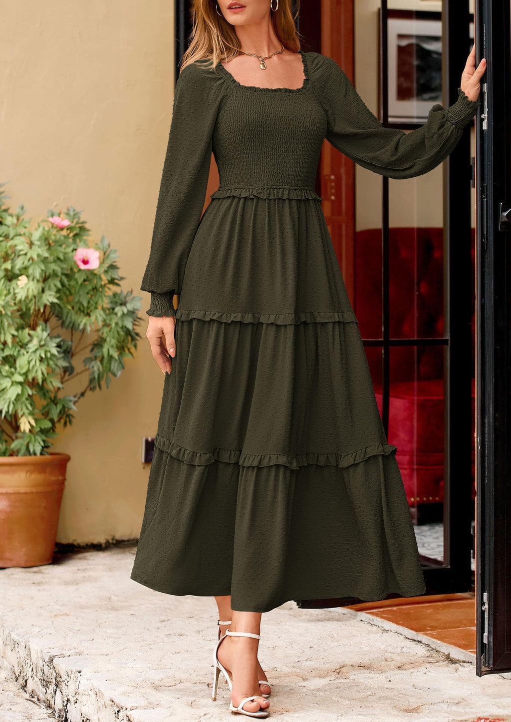 PRETTYGARDEN Fall Dresses for Women Long Sleeve Smocked Square Neck Swiss Dot Tiered Flowy Wedding Guest Maxi Dress