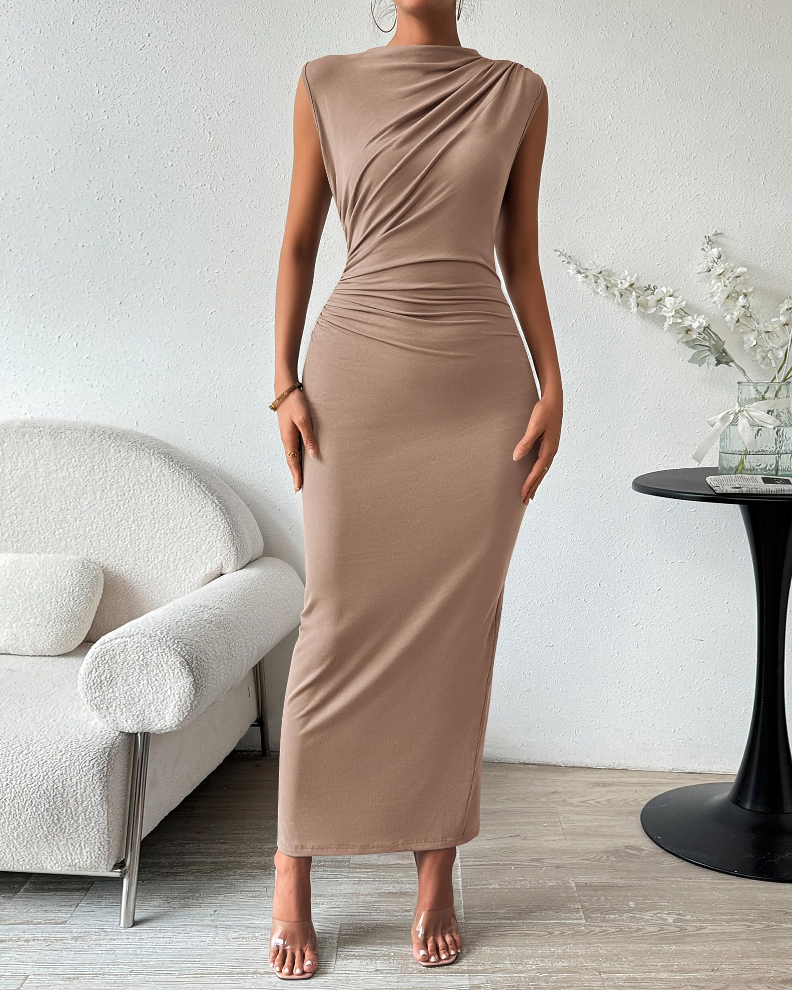 BTFBM Women's Ruched Bodycon Dress Summer Casual Sleeveless Lightweight Back Slit Elegant Club Party Cocktail Maxi Dresses