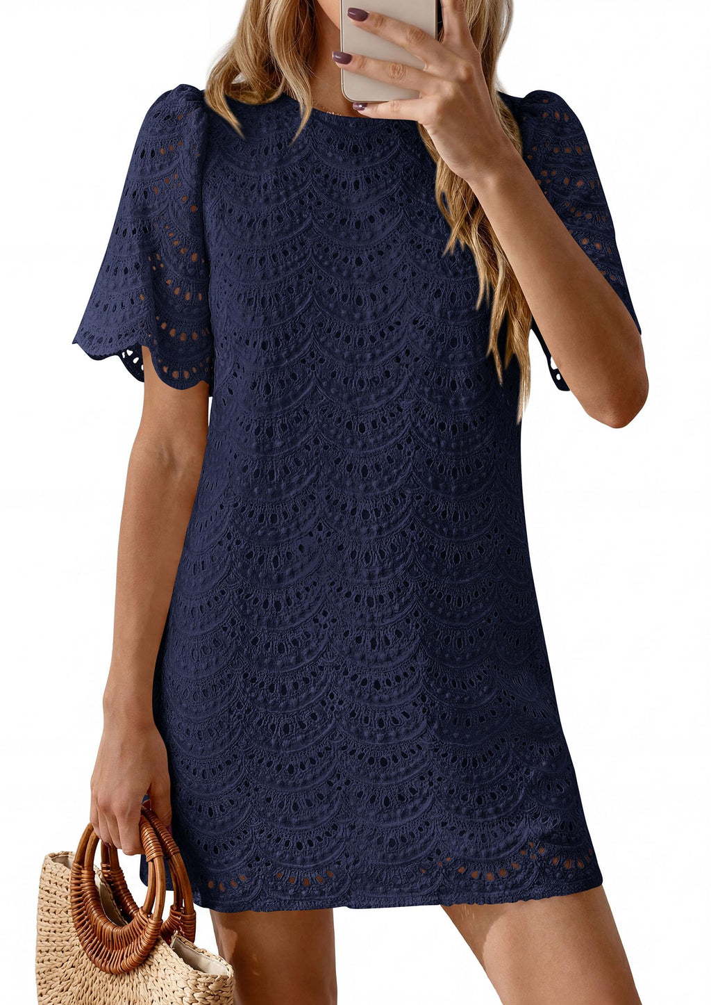 PRETTYGARDEN Women's Summer Casual Short Dresses Embroidered Lace Short Sleeve Boho Mini Dress Beach Vacation Clothes