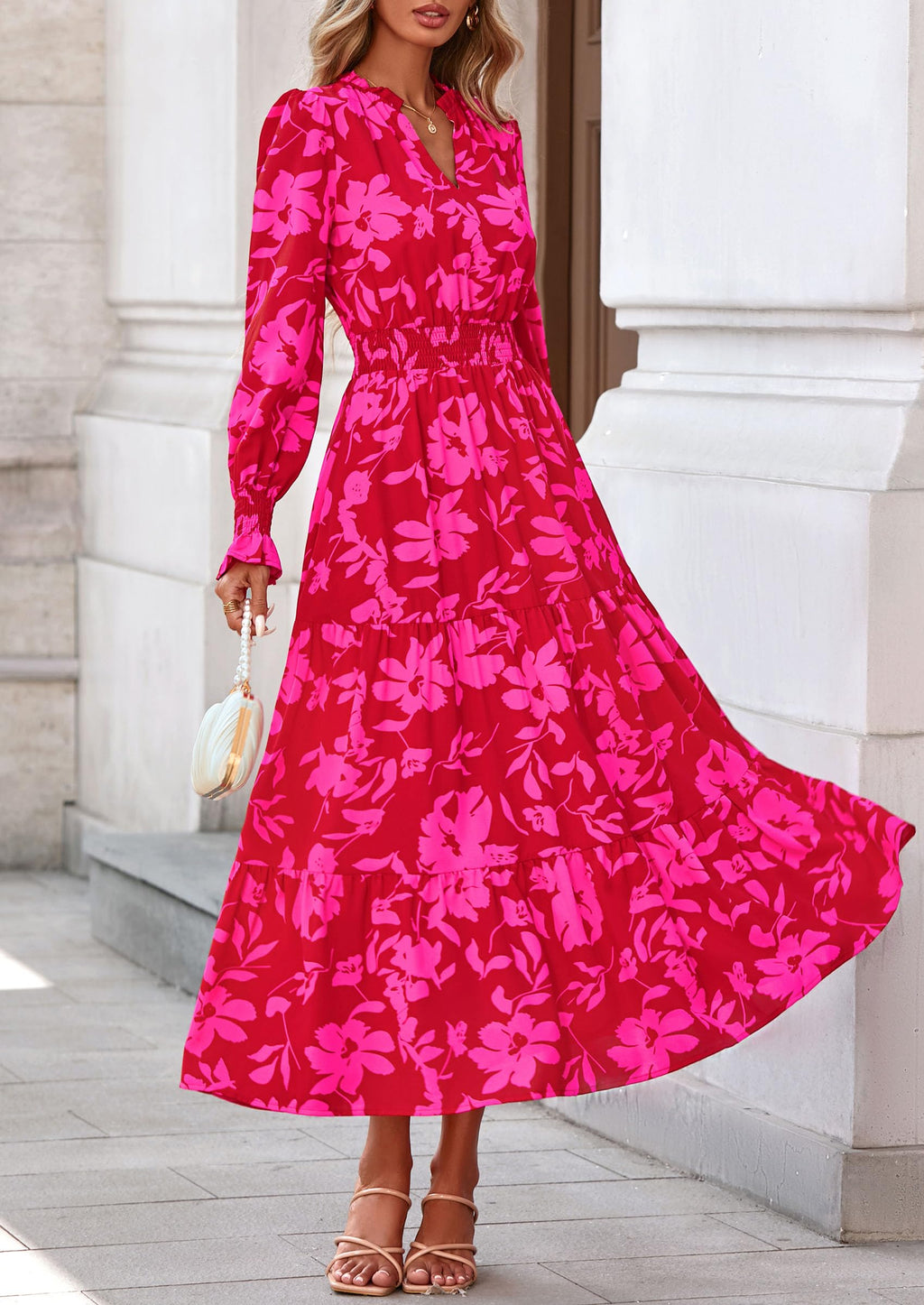 PRETTYGARDEN Women's Floral Maxi Dress Fall Long Sleeve V Neck Casual A Line Long Flowy Boho Party Dresses