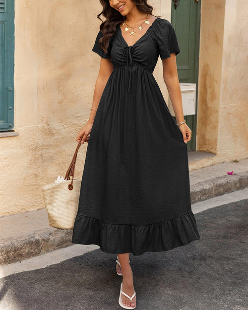 BTFBM Womens Spring Dresses Casual Short Sleeve V Neck Drawstring Wedding Guest Maxi Dresses Boho Beach Long Dress