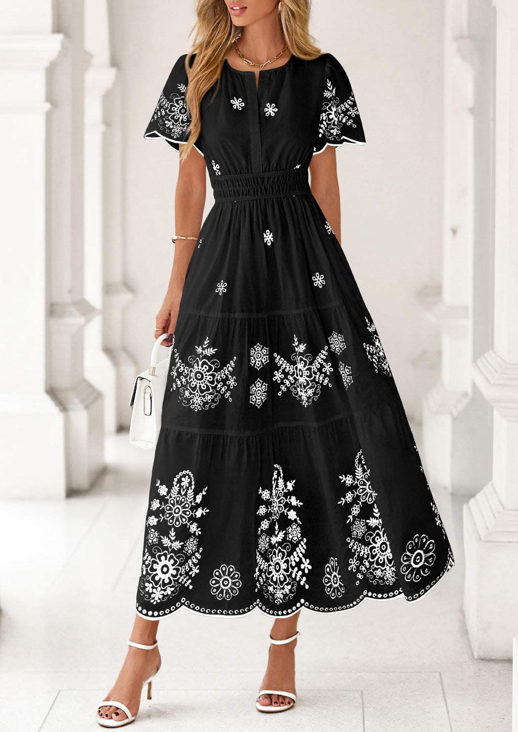 PRETTYGARDEN Boho Dresses for Women Summer Spring Casual Floral Short Sleeve V Neck Maxi Elastic Waist Dress Pockets