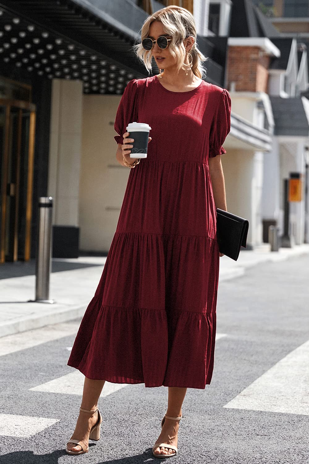 PRETTYGARDEN Summer Dresses for Women Casual Floral Boho Midi Sun Dress Puff Short Sleeve Flowy Beach Vacation Sundress