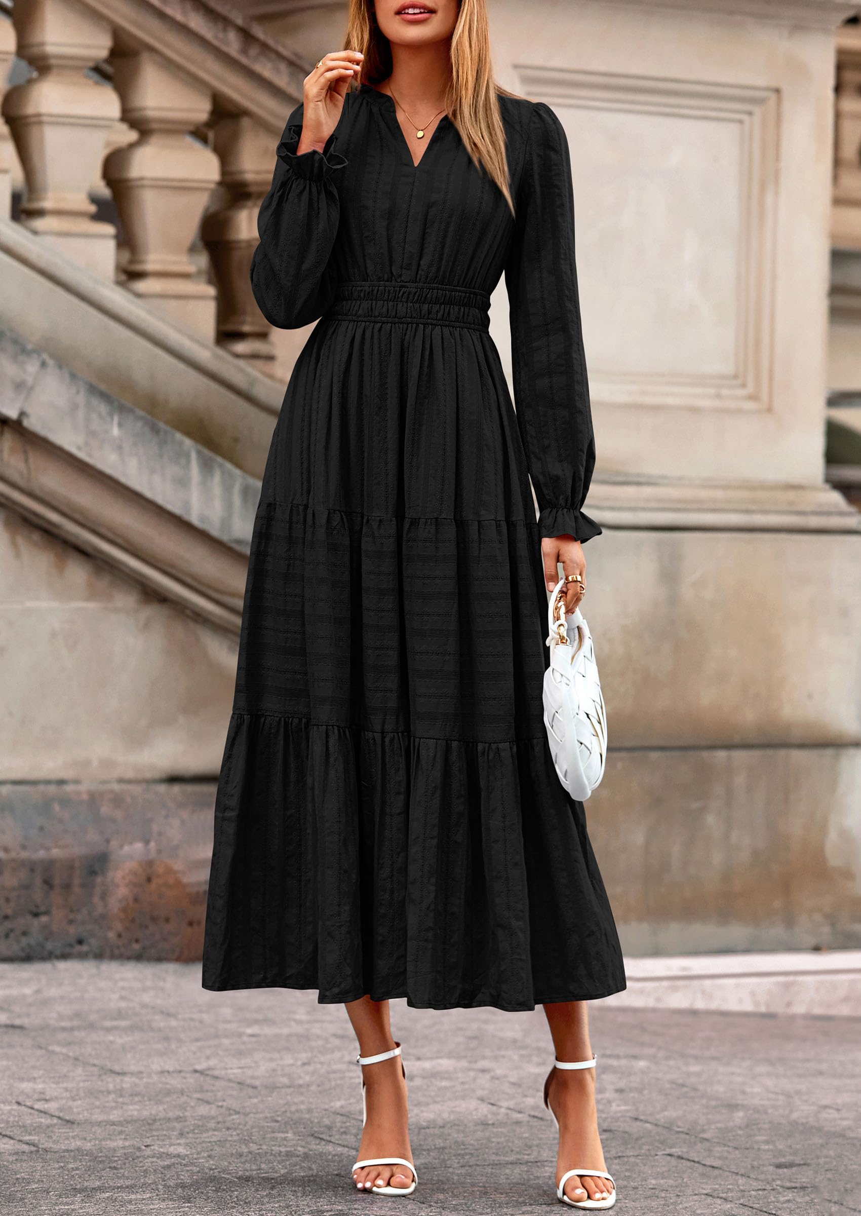 PRETTYGARDEN Women's Fall Wedding Guest Dresses Long Sleeve V Neck Flowy Elegant Holiday Party Maxi Dress with Pockets