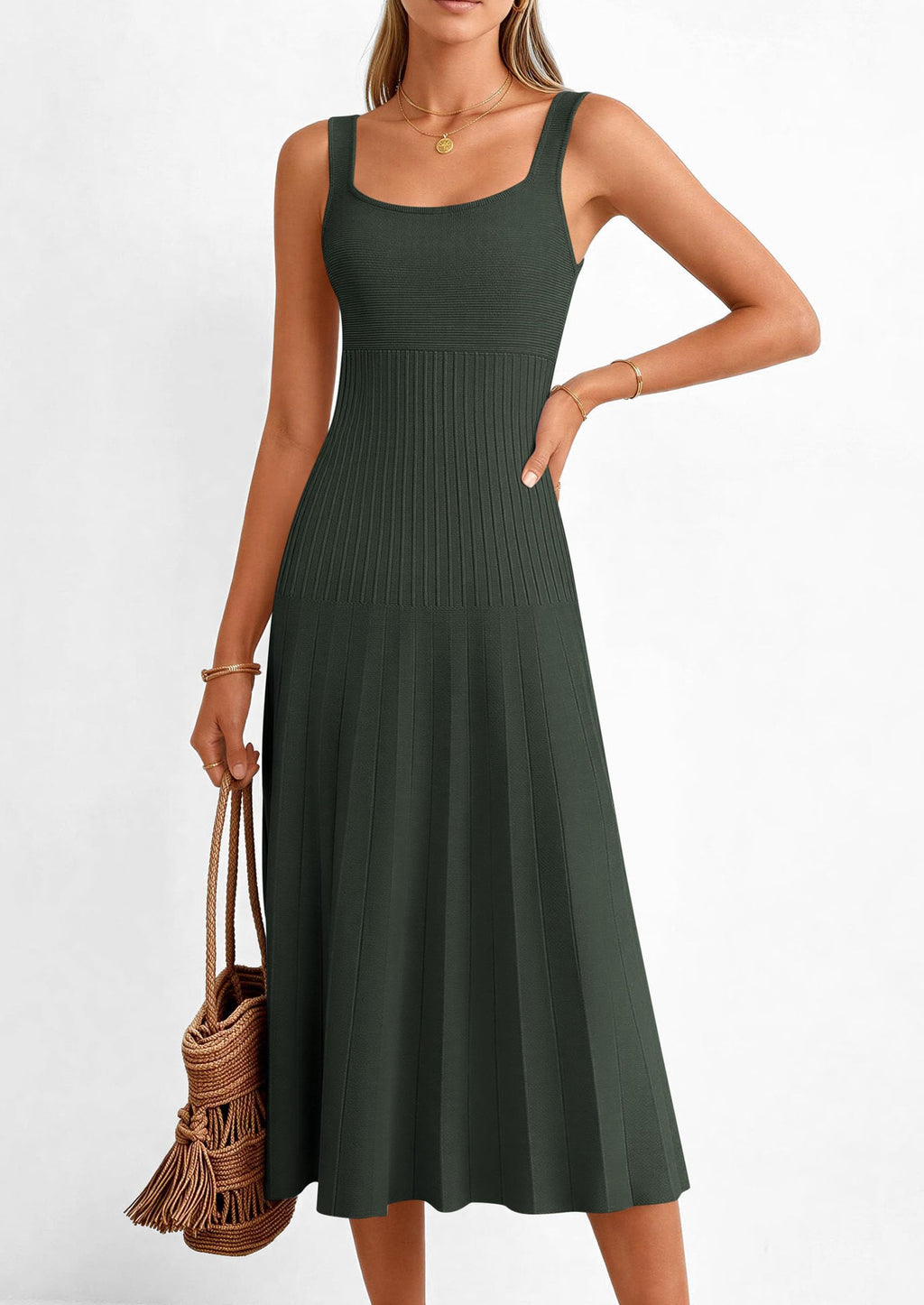 PRETTYGARDEN Spring Dresses for Women Summer Casual Sleeveless Square Neck A Line Knit Pleated Midi Cocktail Party Dress
