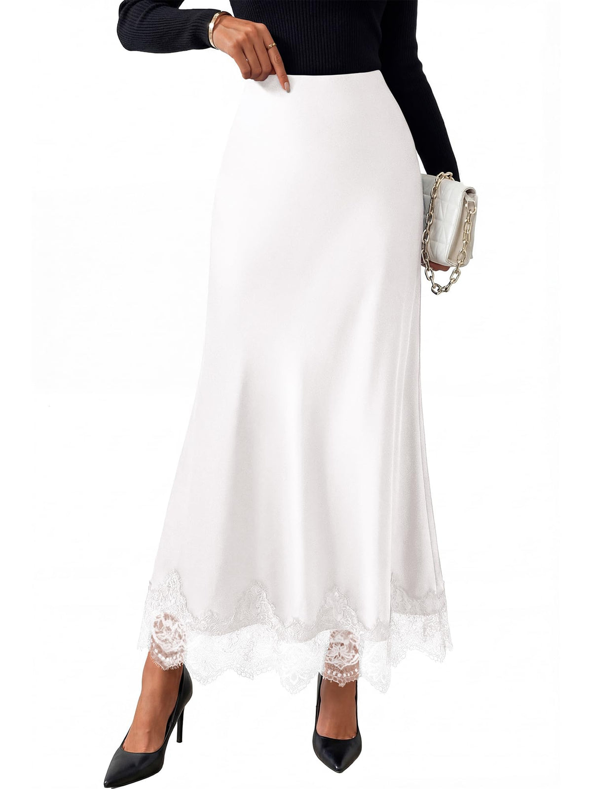 BTFBM Lace Trim Satin Skirts for Women Elegant | Lightweight, High Waist, A-Line, Flowy Maxi Skirt, Wedding, Cocktail, Graduation, Holiday Outfits, Fall Fashion Clothing