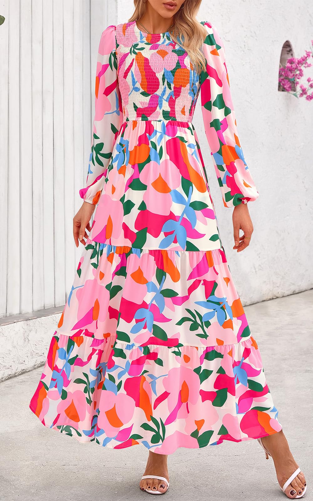 PRETTYGARDEN Women's Fall Dresses Long Sleeve Flowy Casual Floral Maxi Dress Crew Neck Smocked Tiered Long Dress