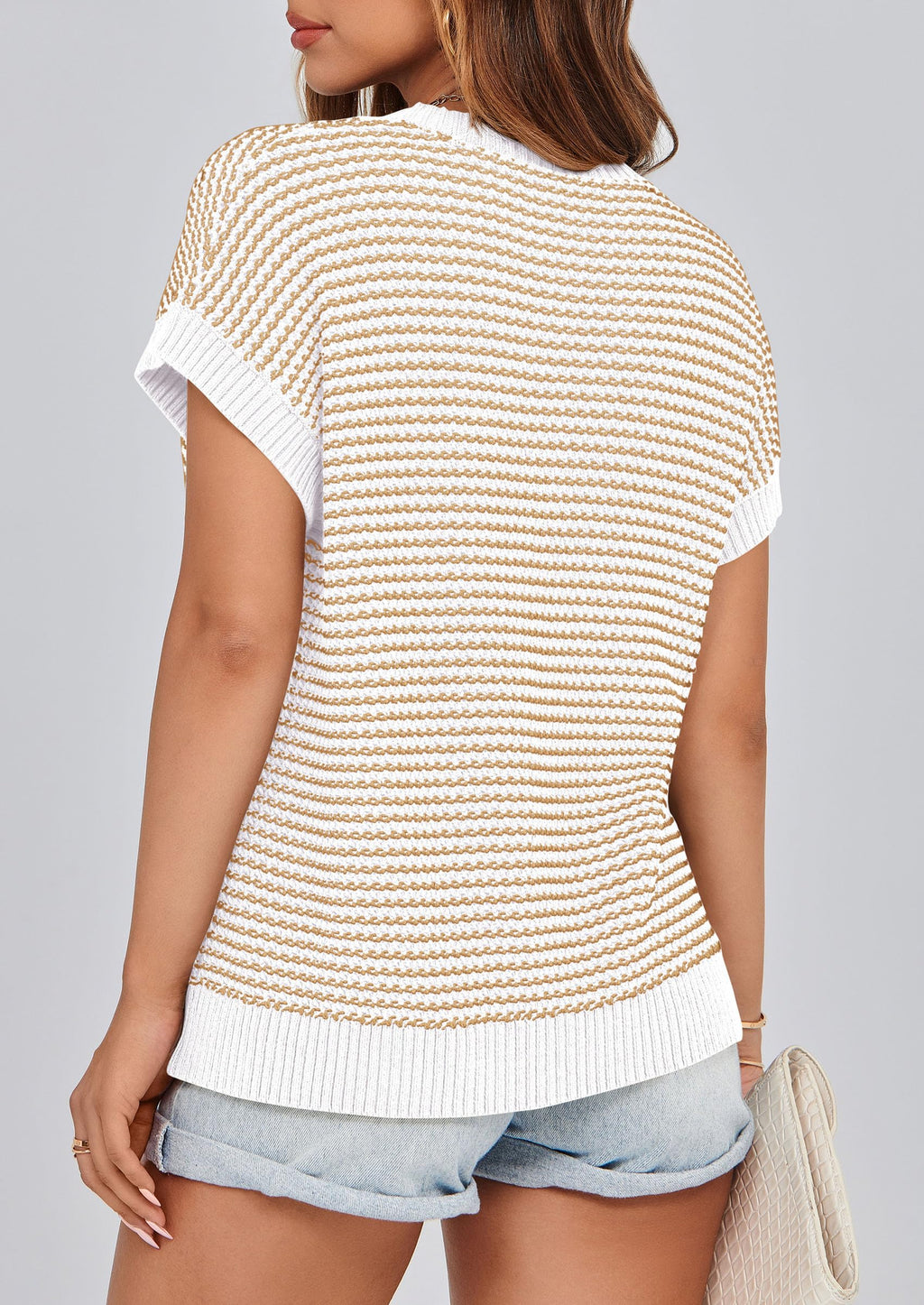 PRETTYGARDEN Womens Short Sleeve Sweater Spring Summer Round Neck Striped Pullover Cap Sleeve Knit Sweater Vest Tops